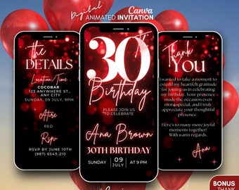 Thirty 30th Birthday video invitation, Red glitter invite, Phone invitation, 30th Digital invitation, animated template invite, 30th evite
