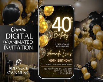 Digital 40th Birthday video Invitation, 40th animated invite, 40th editable invitation party, Gold Balloons Glitter Invitation, Forty evite