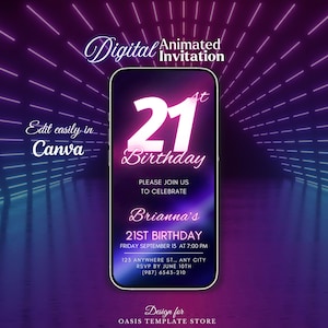 21st Birthday digital Invitation, Pink Neon invite, 21st animated video invite, 21st invitation template, Twenty one Birthday Party evite