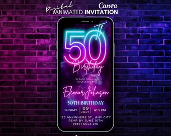 50th Digital Birthday Invitation, Neon Pink invite, fifty video Invitation, Party Animated invitation, Message Text evite, 50th invitation