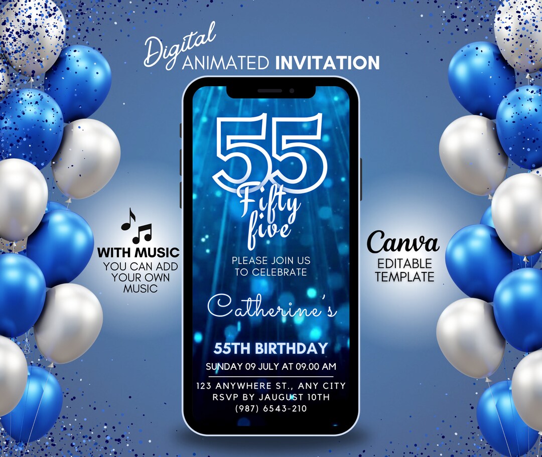 55th Birthday Video Invitation, Editable Canva Template Fifty Five ...