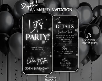 Invito video per festa di compleanno, invito digitale per festa con glitter argento, invito modificabile per festa, modello di invito digitale, invito per festa