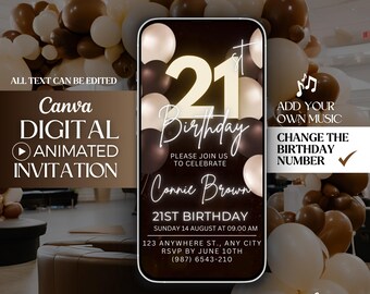 21st Birthday video Invitation, Brown and cream 21st Digital Invitation, editable 21st invite, digital invitation template, 21st party evite