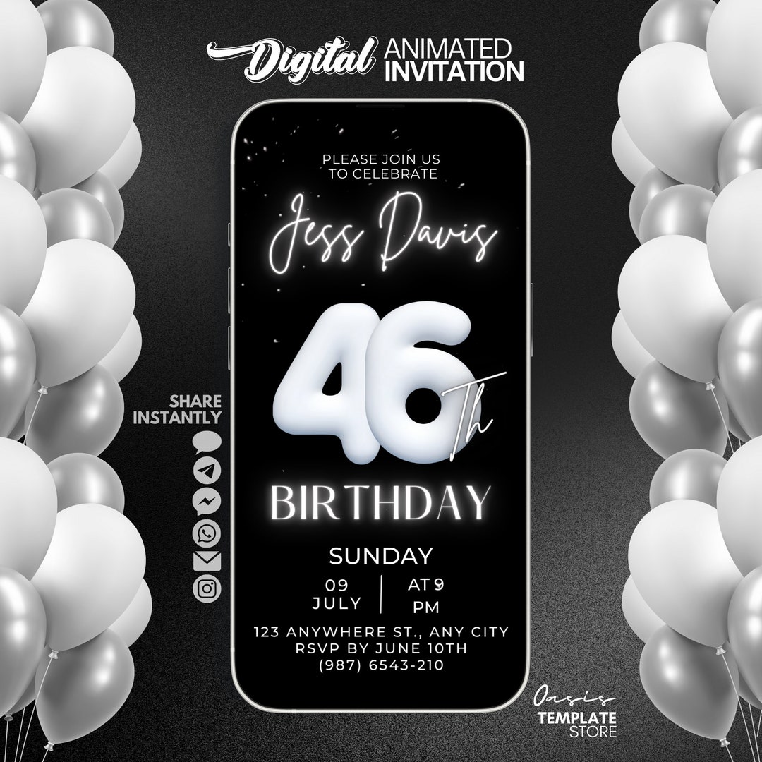 Editable 46th Birthday Invitation Video, Black and White Balloon Theme ...