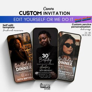 Op de afbeelding: Aangepaste uitnodigingssjabloon weergegeven op drie smartphoneschermen. De uitnodigingen bevatten foto's van mensen en de tekst "Verjaardagsdiner" en "30e verjaardag". De tekst "Bewerk het zelf of wij doen het" is ook zichtbaar.