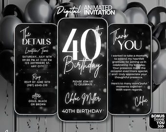 40th Birthday video Invitation, Silver Glitter Digital Invitation, 40th phone invite, 40th digital invitation template, 40th party evite