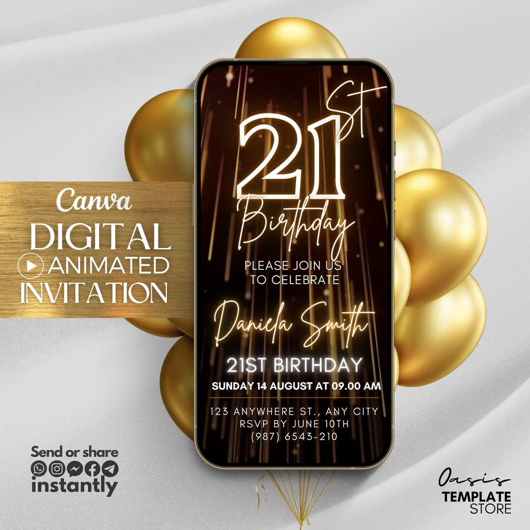 Twenty One 21st Birthday Video Invitation, Gold Glitter Digital ...