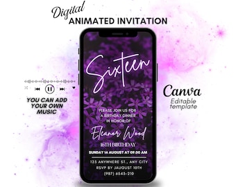 Purple DIGITAL 16th Birthday video invitation,  Animated video Invitation, Electronic Phone Text edit, Sixteen | CHANGE Birthday number