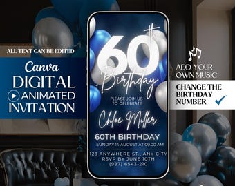 Sisty 60th Birthday Invitation, Blue and silver video Invitation, Navy blue 60th  digital invitation, 60th animated invitation template