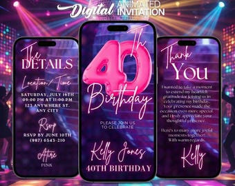 40th Birthday Invitation, Animated Digital Invitation, Neon Pink Glam Canva Template, Editable Instant Download, Send via WhatsApp for Her