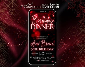 Red Glitter Birthday Dinner Invitation Template, digital video invite, canva editable template, custom birthday party evite
