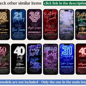 Pu&ograve; includere: Una collezione di 10 modelli di invito digitale per telefono per feste di compleanno. Ogni modello presenta un'et&agrave; diversa, dai 18 ai 40 anni, con luci al neon e uno sfondo scuro. Il testo degli inviti include l'et&agrave;, la parola "Compleanno" e la frase "Unisciti a noi per festeggiare".