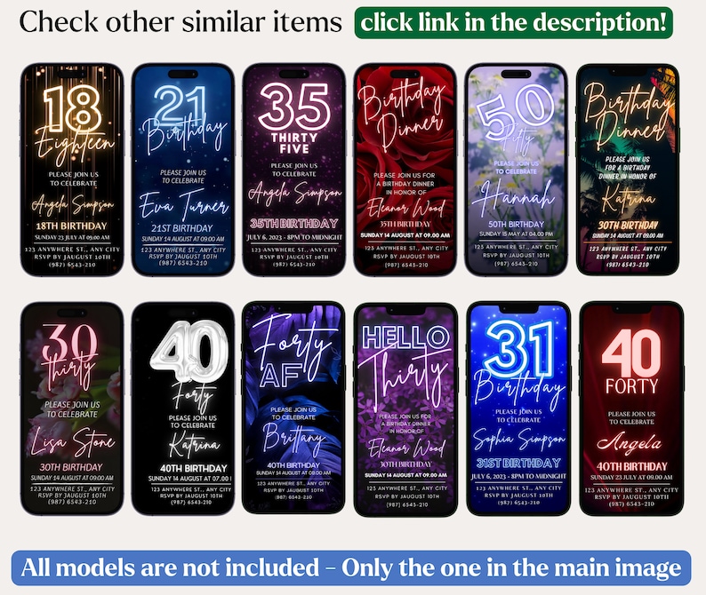 Pu&ograve; includere: Una collezione di 10 modelli di invito digitale per telefono per feste di compleanno. Ogni modello presenta un'et&agrave; diversa, dai 18 ai 40 anni, con luci al neon e uno sfondo scuro. Il testo degli inviti include l'et&agrave;, la parola "Compleanno" e la frase "Unisciti a noi per festeggiare".