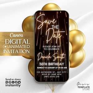 Save the date Birthday video Invitation, Gold Glitter Digital Invitation, message text evite, canva template invitation, Save the date evite