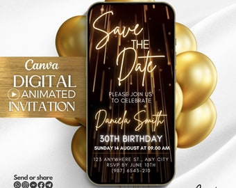 Save the date Birthday video Invitation, Gold Glitter Digital Invitation, message text evite, canva template invitation, Save the date evite