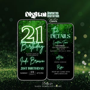 21st Birthday video invitation, Green glitter invitation, phone text evite, 21st Digital invitation, animated template invite, 21st evite