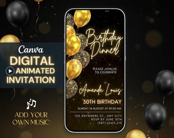 Animated 30th Birthday Dinner Invitation, Gold and Black Luxury Party, Canva Template, Digital Download, Send via WhatsApp, Instant Access
