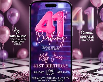 Editable Disco 41st Birthday Invitation, Animated Video Template (Canva), pink purple invitation template, editable birthday party invite