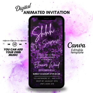 Digital Surprise birthday video invitation, Surprise party invite, Animated invite Dinner, purple invitation for women, digital invitation
