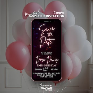 Digital save the date Birthday Invitation, Pink balloons video Invitation, Mobile animated invite editable, birthday template, Save the date