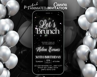 Let's Brunch Birthday Digital Invitation, Black Silver video Invite, mobile animated invitation, canva template invite, Let's Brunch invite