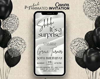 Shhh it's a surprise Birthday Invitation, Black balloons Invite, Mobile Party invitation, Editable birthday template, Surprise invitation