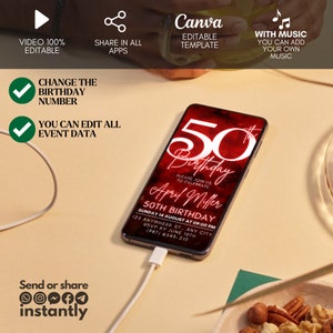 May include: A digital invitation for a 50th birthday party. The invitation is on a smartphone screen with a red and black background. The text on the invitation reads "50th Birthday" and "April Miller". The invitation also includes the date, time, and location of the party.