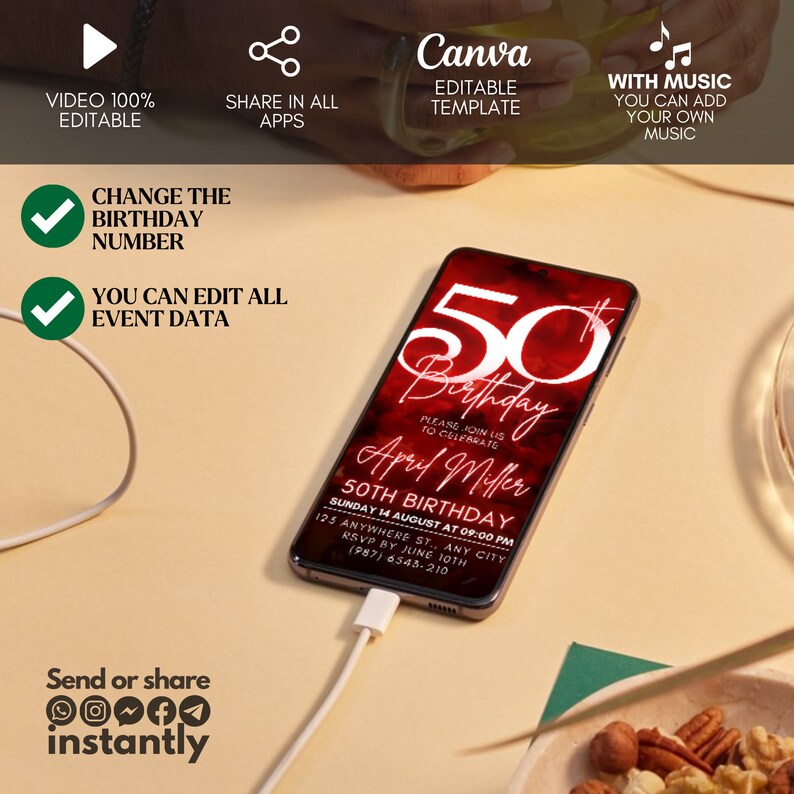 May include: A digital invitation for a 50th birthday party. The invitation is on a smartphone screen with a red and black background. The text on the invitation reads "50th Birthday" and "April Miller". The invitation also includes the date, time, and location of the party.