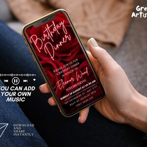 May include: A digital invitation for a birthday dinner with a red rose background. The invitation includes the text "Birthday Dinner", "Please join us for a birthday dinner in honor of Eleanor Wood", "35th Birthday", "Sunday 14 August at 09:00 AM", "125 Anywhere St., Any City", "RSVP by August 10th", and "(987) 6543-210".