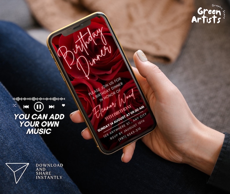 May include: A digital invitation for a birthday dinner with a red rose background. The invitation includes the text "Birthday Dinner", "Please join us for a birthday dinner in honor of Eleanor Wood", "35th Birthday", "Sunday 14 August at 09:00 AM", "125 Anywhere St., Any City", "RSVP by August 10th", and "(987) 6543-210".