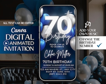 Seventy 70th Birthday Invitation, Blue and silver 70th video Invitation, 70th Navy blue digital invitation, animated invitation template