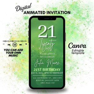 Digital Twenty One 21st Birthday Video Invitation, green editable Birthday template, Animated invitation, mobile invitation for women.