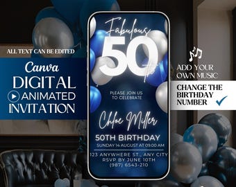 Puede incluir: Una plantilla de invitación de cumpleaños digital con un esquema de color azul y plateado. La invitación presenta un gran número 50 con globos y el texto "Fabulous 50th Birthday". La invitación también incluye el nombre "Chloe Miller" y el texto "Por favor, únase a nosotros para celebrar".