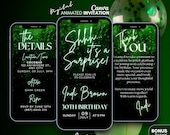 Shhh it's surprise Birthday video invitation, Green glitter invitation, phone text evite, Digital invitation, animated template invite