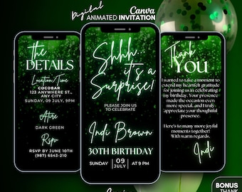Shhh it's surprise Birthday video invitation, Green glitter invitation, phone text evite, Digital invitation, animated template invite