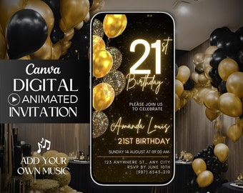 Convite de vídeo digital para aniversário de 21 anos, convite animado para 21 anos, convite editável para festa de 21 anos, convite com glitter e balões dourados