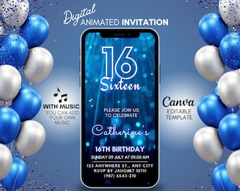 Digital 16th Birthday video Invitation, editable canva template invitation, Blue glitter mobile invitation, phone party sixteen invite
