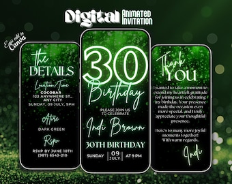 Green 30th Digital Evite, Animated Birthday Video Invitation, Glitter Template, 30th Celebration Card Design, Instant Download Party Invite