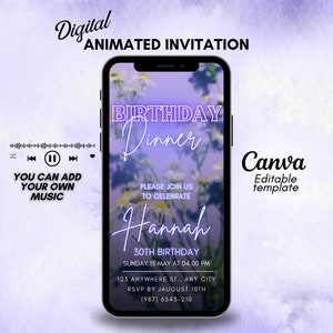 Convite para jantar de aniversário para mulheres, Convite digital animado, Convite de flores violetas para mulheres, Convite para jantar.