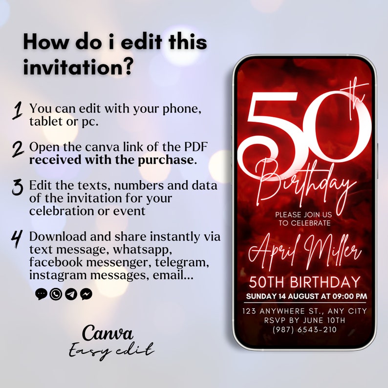May include: A red and white digital invitation for a 50th birthday party. The invitation features a red background with white text and a white number 50. The text reads "50th Birthday", "Please join us to celebrate", "April Miller", "Sunday 14 August at 09:00 PM", "123 Anywhere St., Any City", "RSVP by June 10th", and "(987) 6543-210".