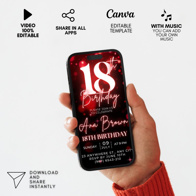 Pu&ograve; includere: Un invito digitale rosso e bianco per una festa di compleanno di 18 anni. L'invito presenta un grande numero 18 con un effetto scintillante e il testo "Birthday" in un font corsivo. L'invito include anche il nome "Ana Brown", la data "Domenica 09 luglio", l'ora "alle 21:00" e l'indirizzo "23 Anywhere St., Any City". L'invito include anche il testo "RSVP entro il 10 giugno" e un numero di telefono.