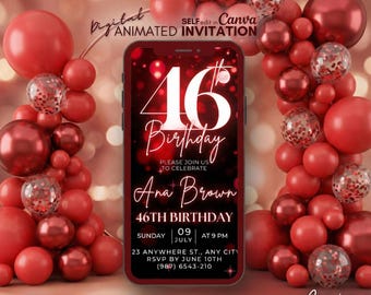 46th Birthday video invitation, Red glitter invitation, 46th Phone invitation, 46th Digital invitation, animated template invite, 46th evite