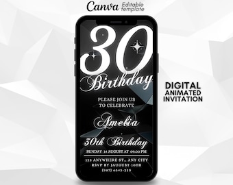 Editable Thirty 30th Birthday Video Invitation, Black silver editable Birthday template, Animated invitation, text Message invite