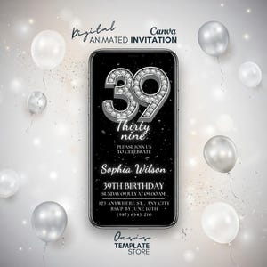 Invitación digital para fiesta de cumpleaños número 39, plantilla animada de Canva, globo de diamante negro y plateado, acceso instantáneo editable.