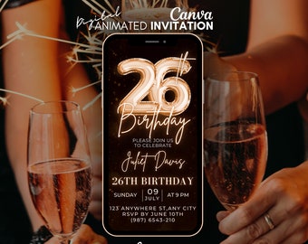 Digital 26th Birthday Invitation, Bronze Gold Digital Invitation, 26th mobile party invitation, canva template invite, 26th invitation party