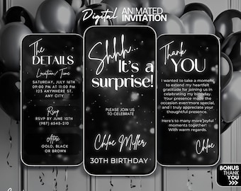 Surprise Birthday video Invitation, Surprise Glitter Digital Invitation, Silver invite, digital invitation template, Surprise party evite