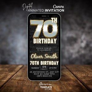Invitación digital de cumpleaños número 70 para hombres, Invitación de vídeo de fiesta de barbacoa rústica de los setenta para él, Plantilla autoeditable de invitación animada móvil