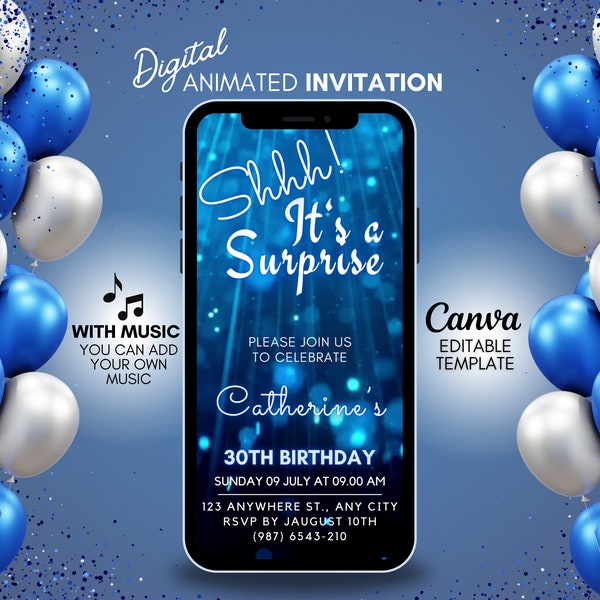 Digital Surprise Birthday video Invitation, editable canva template invitation, Blue glitter mobile  surprise invitation, phone party invite