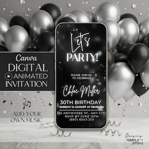 Festa födelsedagsvideoinbjudan, digital inbjudan i silverglitter, festtelefoninbjudan, digital inbjudningsmall, redigerbar festinbjudan