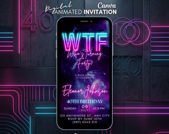 Neon Pink 40th Birthday Invitation, Animated Video Evite (Digital Download), womens party neon invitation, canva template invite